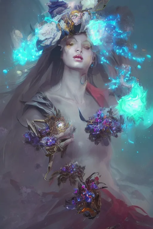 Image similar to beautiful girl necromancer covered with crystals exploding space, 3 d render, hyper realistic detailed portrait, holding magic flowers, ruan jia, wlop. scifi, fantasy, hyper detailed, octane render, concept art, peter mohrbacher