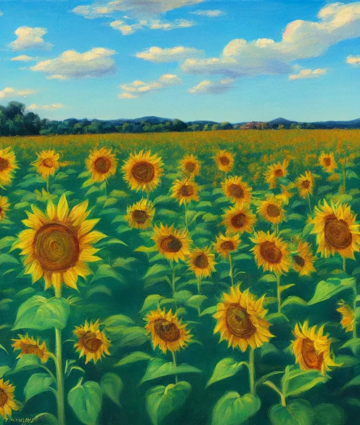 Prompt: a highly detailed sunflower field, baby blue sky with very aesthetic stylized clouds, in the style of edward hopper, very fine brushstrokes, 4 k,