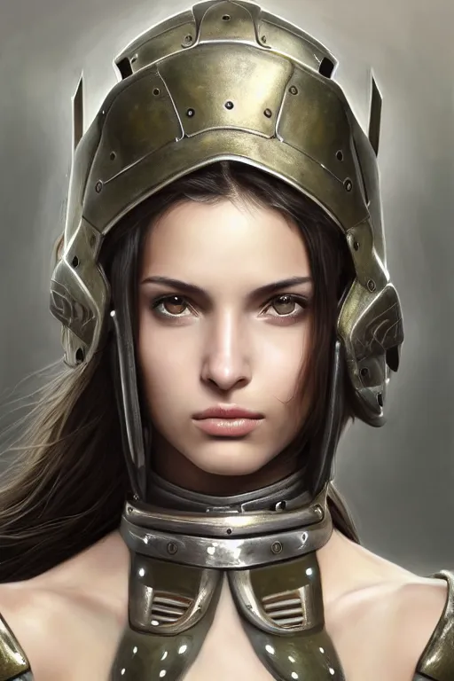 Image similar to a photorealistic painted portrait of an attractive young girl, partially clothed in dull metal-plated battle armor, olive skin, long dark hair, flawless skin, beautiful bone structure, symmetric facial features, perfect photorealistic eyes, natural physique, intricate, elegant, digital painting, concept art, finely detailed, beautifully illustrated, sharp focus, minimal artifacts, from Metal Gear, by Ruan Jia and Mandy Jurgens and Artgerm, in the style of Greg Rutkowski, trending on Artstation, award winning art