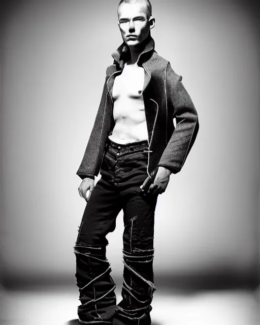 Image similar to an award - winning photo of an ancient male model wearing a plain boot cut flared distressed medieval designer menswear trousers designed by alexander mcqueen, 4 k, studio lighting, wide angle lens, 2 0 0 4