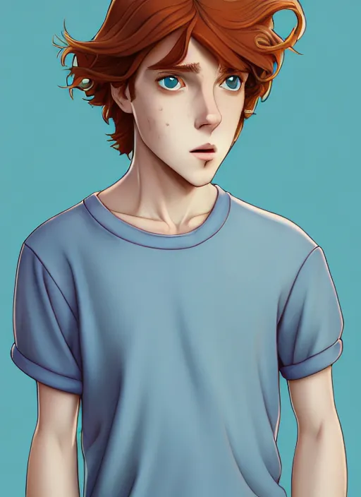 Image similar to art nouveau portrait of a teen boy with completely straight auburn hair, light blue eyes, pale skin, freckles, sad expression, t - shirt, modern casual clothing, natural lighting, path traced, highly detailed, high quality, cartoon, digital painting, by don bluth and ross tran and studio ghibli