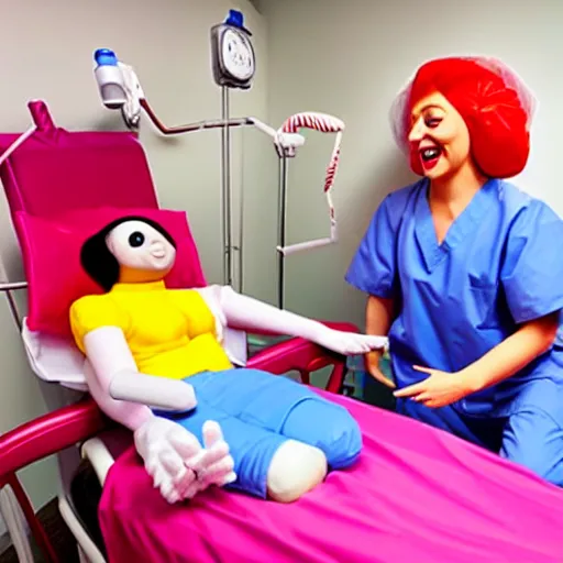 Image similar to photo of a happy patient and doctor or nurse in a hospital room made out of soft candy, candy hospital equipment, candy hospital room, candy treatments, oompa loompa virus, willy wonka pandemic