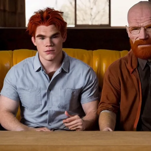 Prompt: redhead kj apa with bald brown - bearded walter white, still from breaking bad