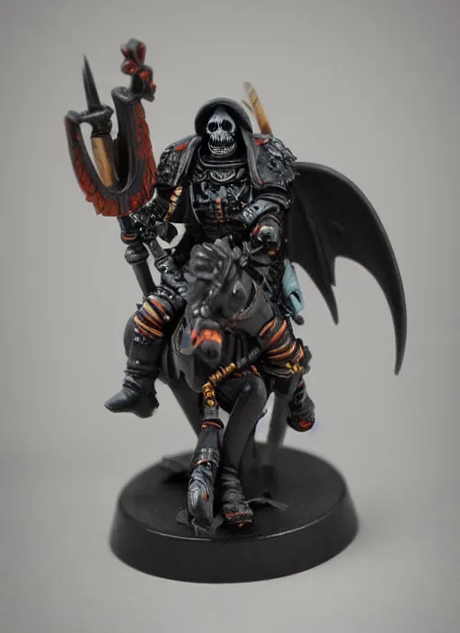 Image similar to 8 0 mm resin detailed miniature of a warhammer 4 0 k grim reaper, riding a black horse, bloody, product introduction photos, 4 k, full body,