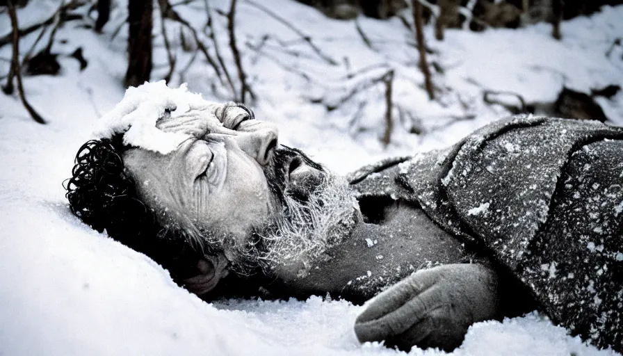 Prompt: 1 9 6 0 s movie still close up of marcus aurelius ill tired frozen to death under the snow by the side of a river with gravel, pine forests, cinestill 8 0 0 t 3 5 mm, high quality, heavy grain, high detail, texture, dramatic light, anamorphic, hyperrealistic, detailed hair, burning sun