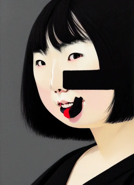 Prompt: portrait of a plump japanese woman with a crooked nose and a confident expression, 1 9 6 0 s, black clothes, goth, punk, brightly coloured hair, funk, intricate, elegant, highly detailed, digital painting, artstation, concept art, smooth, sharp focus, illustration, art by wlop, mars ravelo and greg rutkowski