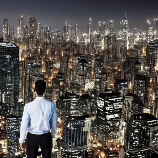 Prompt: man standing on ledge facing a futuristic city skyline - 4 n