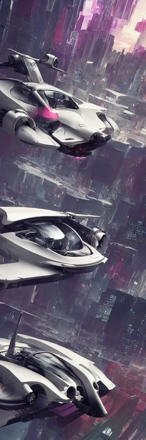 Image similar to octane render of new cyberpunk flying hover version of Renault sandero from 2077 in the city of future by syd mead