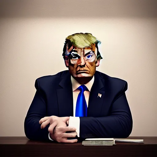 Image similar to “Donald trump sitting at a prison table surrounded by convicts in orange jumpsuits, he looks sad and afraid, realistic, detailed portrait, 4K, octane render”