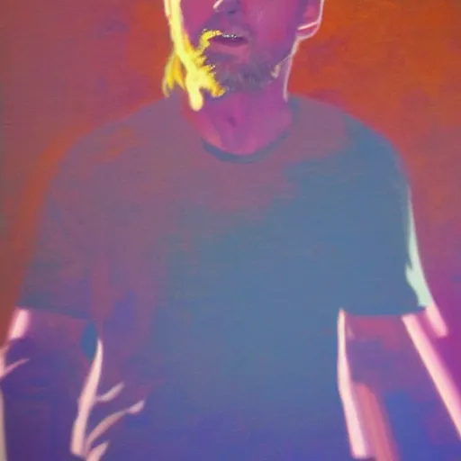 Prompt: oil painting of thom yorke, in real life, on stage, his body completely covered, with a few pieces of light show and strobe light flashes behind the stage and lighting to lighten it. he is wearing headphones and has the microphone in his mouth