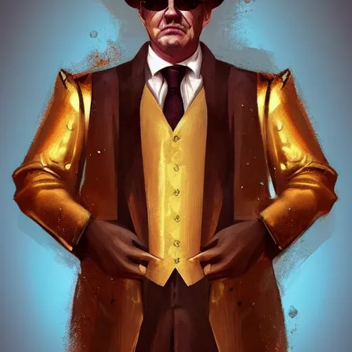 Image similar to “A portrait of a mafia boss in a golden suit, D&D sci-fi, artstation, concept art, highly detailed.”