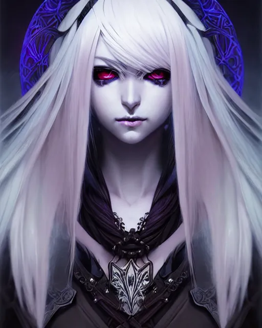 Image similar to portrait of an anime female drow necromancer, hd, illustration, epic, d & d, fantasy, intricate, elegant, highly detailed, digital painting, artstation, concept art, smooth, sharp focus, illustration, art by artgerm and greg rutkowski and alphonse mucha, monster hunter illustrations art book