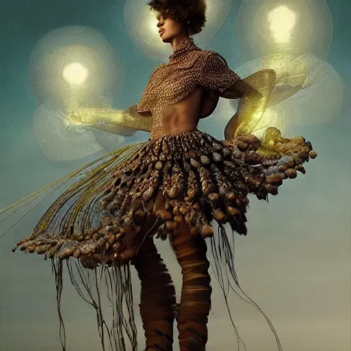 Image similar to brown woman wearing an armor made of luminous jellyfishes. super detailed. layered. textured. award winning. refracted lighting. soft. fragile. by ray caesar. by louise dahl - wolfe. by andrea kowch. by tom bagshaw. surreal photography