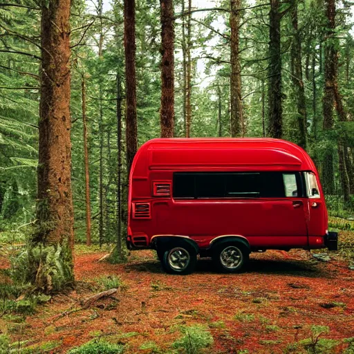 Image similar to a metal camper in a forest clearing, pillar of red light visible in background