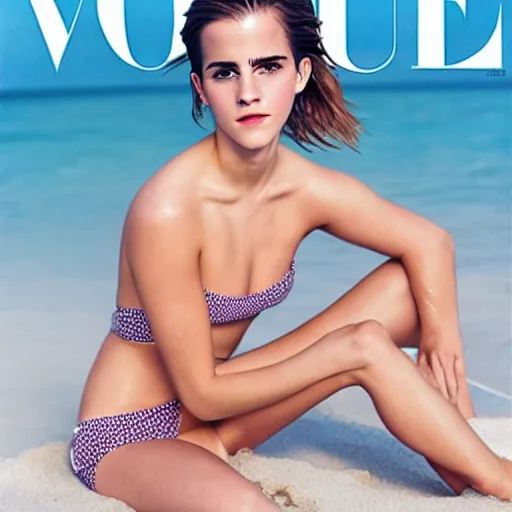 Image similar to a beautiful professional photograph for the cover of vogue magazine of emma watson, wearing a bikini, sitting on the beach looking at the camera in a flirtatious way, zeiss 5 0 mm f 1. 8 lens
