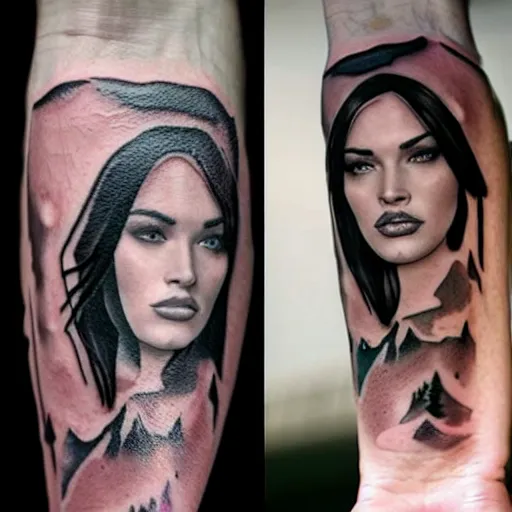 Image similar to double - exposure tattoo sketch of megan fox face beautiful mountains, mash up, blending, in the style of dan mountford