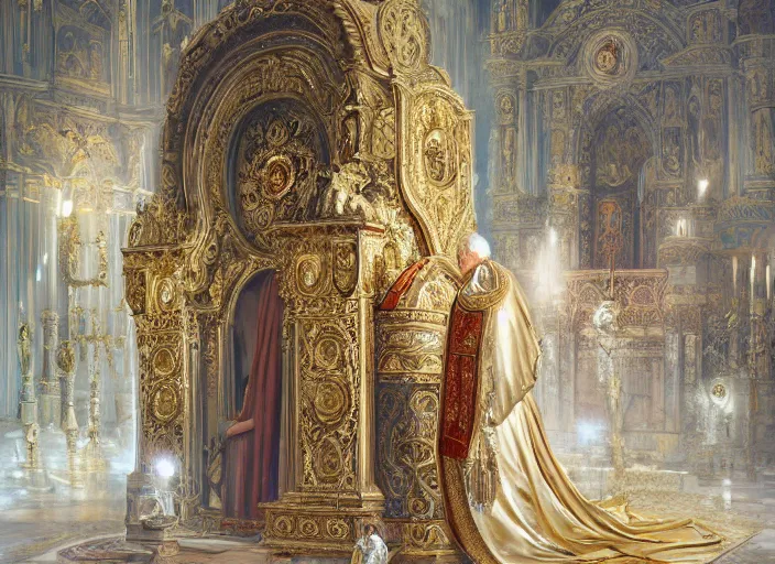 Image similar to kneeling before the pope, royal robe, gold trim, light effect, hyper detailed, intricate, atmospheric, elegant, photorealistic by paul lehr, marco mazzoni, featured on cgsociety, rococo, whimsical, artstation