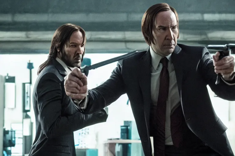 Image similar to film still of saul goodman from better call saul fighting john wick in the new john wick movie