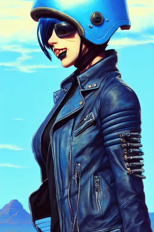 Image similar to a ultradetailed beautiful panting of post apocalyptic woman biker with helmet. blue hair. opened leather jacket, pretty face, high detailed face, in front of burning desert, anatomically correct, close up, by ilya kuvshinov, greg rutkowski and makoto shinkai, trending on artstation