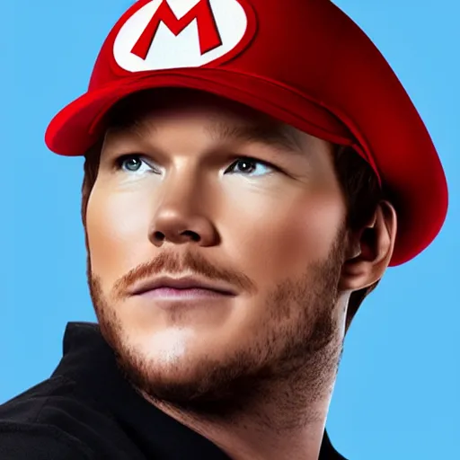 Image similar to Chris pratt as live action mario, mario hat, 4k headshot photography