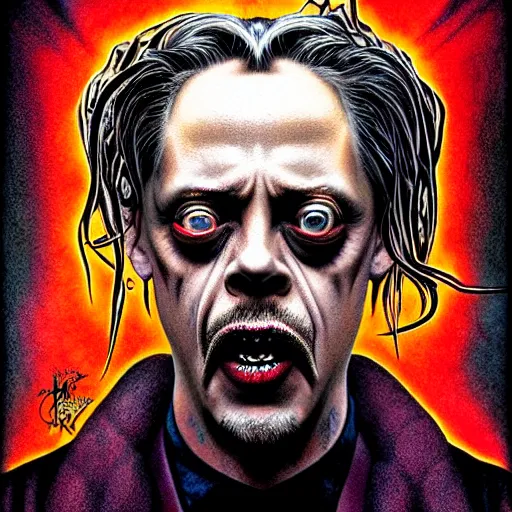 Prompt: disturbing grunge still of a lovecraftian demon infested steve buscemi, crayon horror art in dark and muted colors, by arthur adams, by tom bagshaw, by mike allred, by kikuchi hideyuki