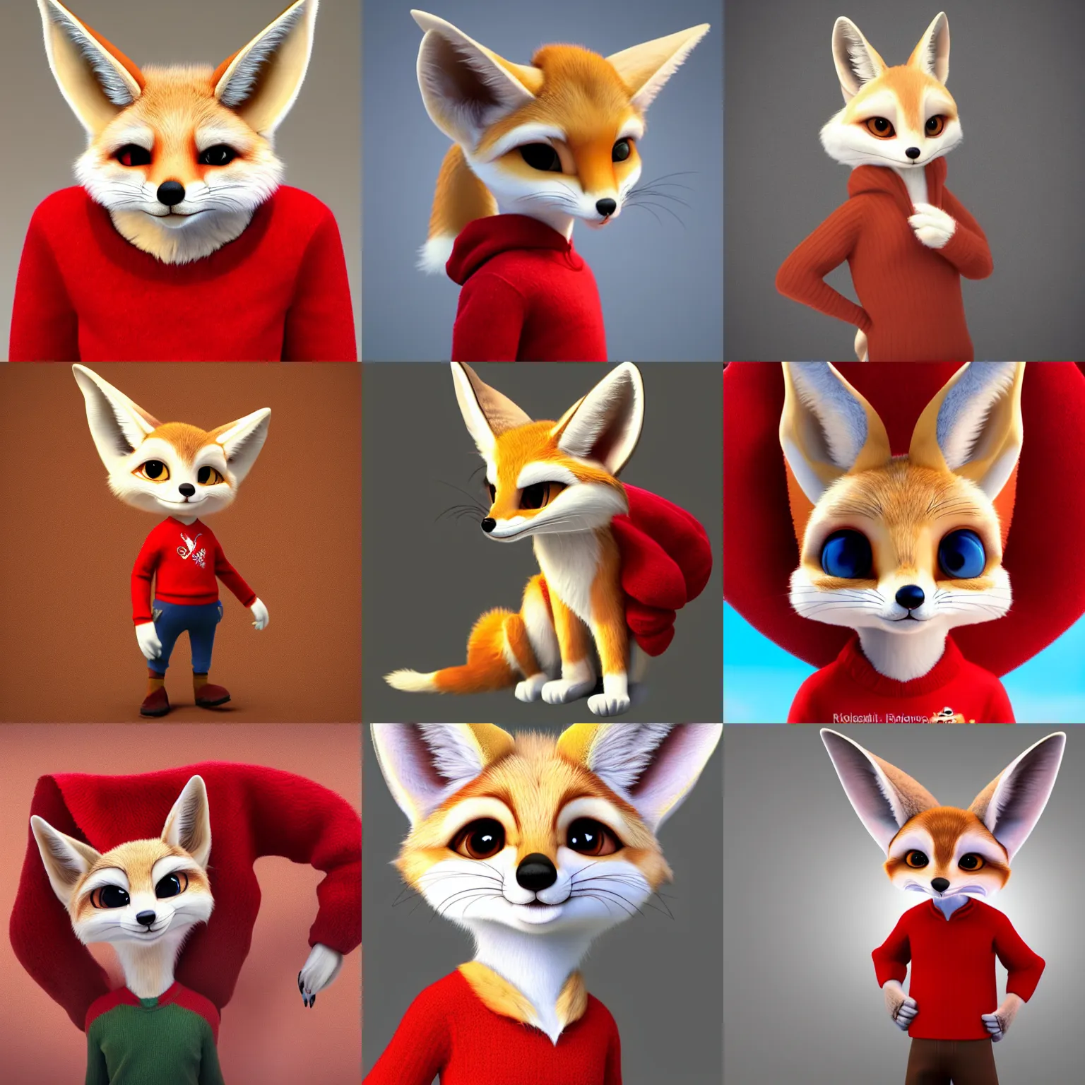 Prompt: high quality character portrait of a fennec fox character wearing a red sweater, disney style, zootopia, highly detailed render, fur