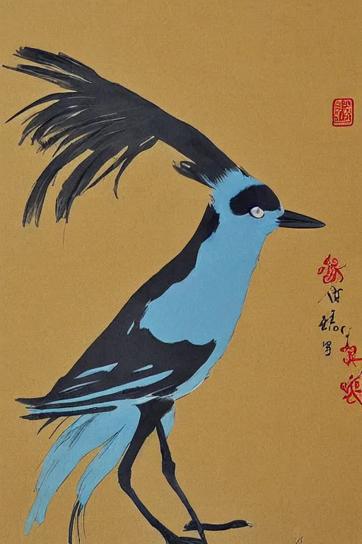 Image similar to ink painting, A small, delicate bird with pale blue plumage and long, skinny legs. It is hopping on the ground, searching for food. The background is a beautiful blue sky on a autumn day. meticulous painting, by xue ji, bian luan