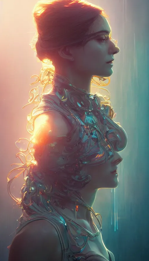 Prompt: shadows, neon, fibonacci, sweat drops, insane, intricate, highly detailed, digital painting, artstation, concept art, smooth, sharp focus, illustration, Unreal Engine 5, 8K, art by artgerm and greg rutkowski and alphonse mucha