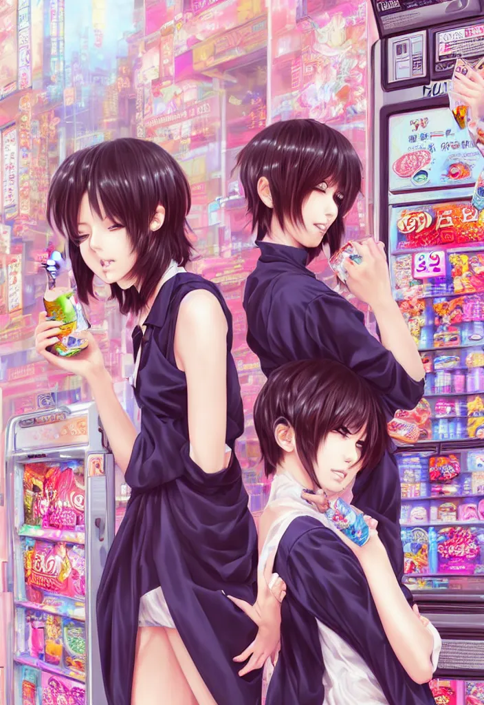 Image similar to two beautiful full body portrait anime females with short hair, fashion model bodies, standing in front of a vending machine in downtown Tokyo, drinking soda, D&D, fantasy, intricate, elegant, highly detailed, digital painting, artstation, concept art, smooth, sharp focus, illustration, art by artgerm and KyuYong Eom and WLOP and Krenz Cushart and greg rutkowski and alphonse mucha