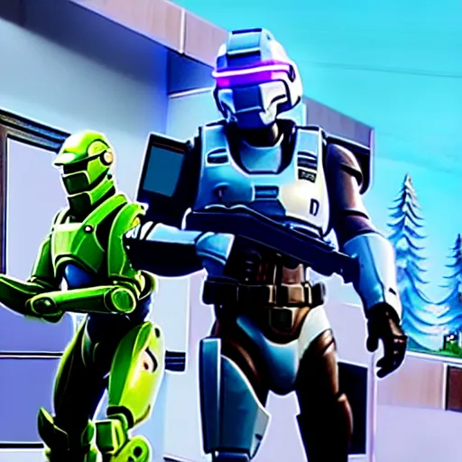 Prompt: Master Chief and Robocop sharing a pizza, a screenshot from Fortnite