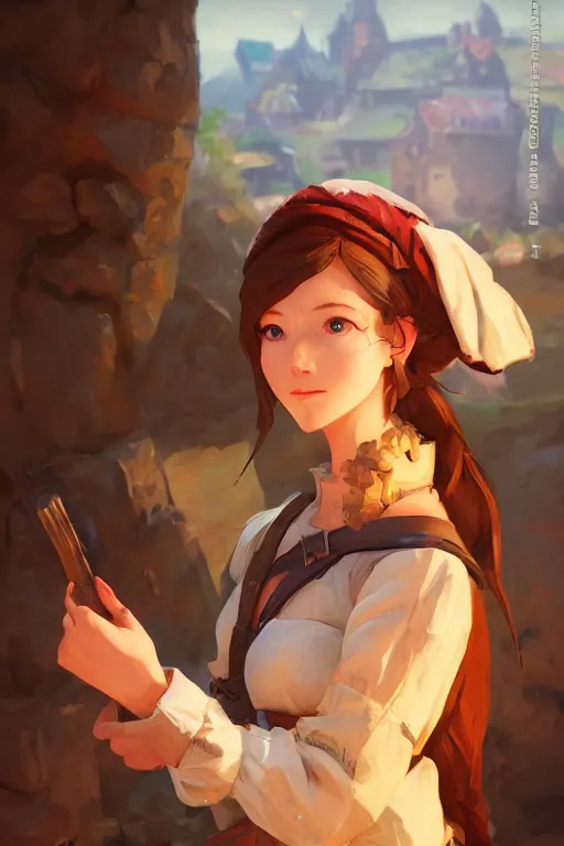 Image similar to a portrait of a cute female medieval peasant, rustic setting, overwatch art team, action pose, vivid colors, soft lighting, atmospheric, cinematic, moody, splash art in the style of ilya kuvshinov and range murata, oil on canvas, 8 k