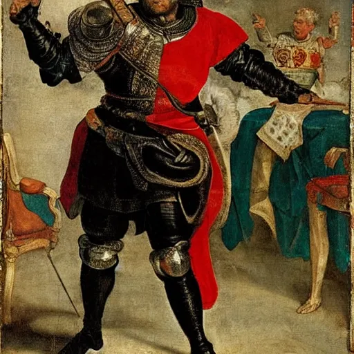 Image similar to donald trump, wearing knight ’ s armor, holding a spectacular broadsword, by annibale carracci, two arms, two legs, donald trump, symmetrical face, highly detailed face, perfect face