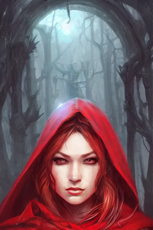 Image similar to cyborg red riding hood, d & d, fantasy, portrait, highly detailed, headshot, digital painting, trending on artstation, concept art, sharp focus, illustration, art by artgerm and greg rutkowski and magali villeneuve