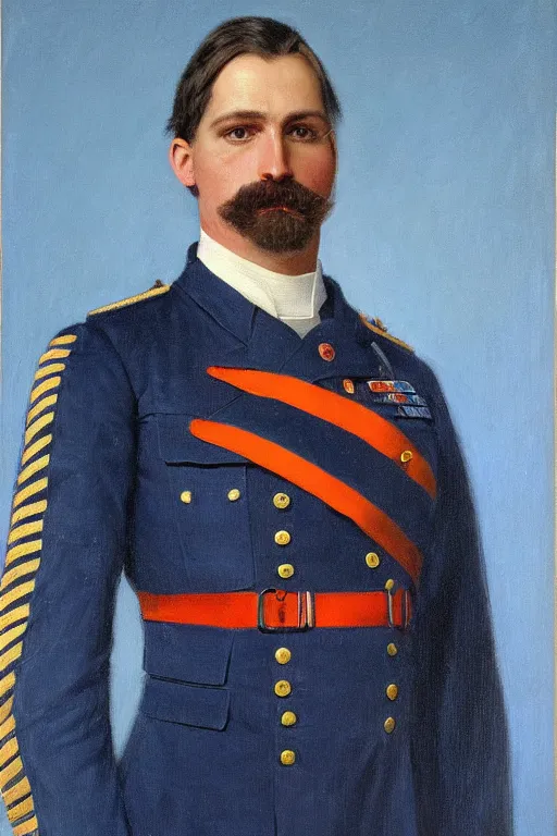 Image similar to full body portrait of the dictator of the oklahoma city thunder, 1 8 8 9, in full military garb, thunder blue, sunset, navy blue, oil on canvas by william sidney mount, trending on artstation