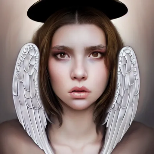 Image similar to A masterpiece portrait of a Incredibly beautiful angel queer girl with piercing and tatoo in leather nun hat. Incredible light. light night, artstation Masterpiece. Angel. Angel wings. light cute blush on face. medium shot, intricate, elegant, highly detailed. trending on artstation, digital art, by Stanley Artgerm Lau, WLOP, Rossdraws, James Jean, Andrei Riabovitchev, Marc Simonetti, Yoshitaka Amano. background by James Jean and Gustav Klimt, light by Julie Bell, 4k, porcelain skin. Octane render. epic dark fantasy.