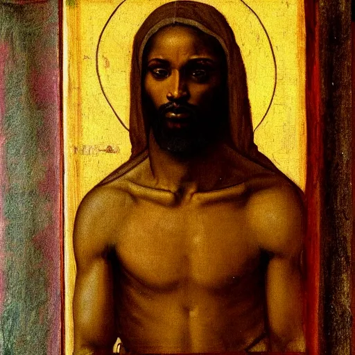 Prompt: painting of a black man as jesus by leonardo davinci