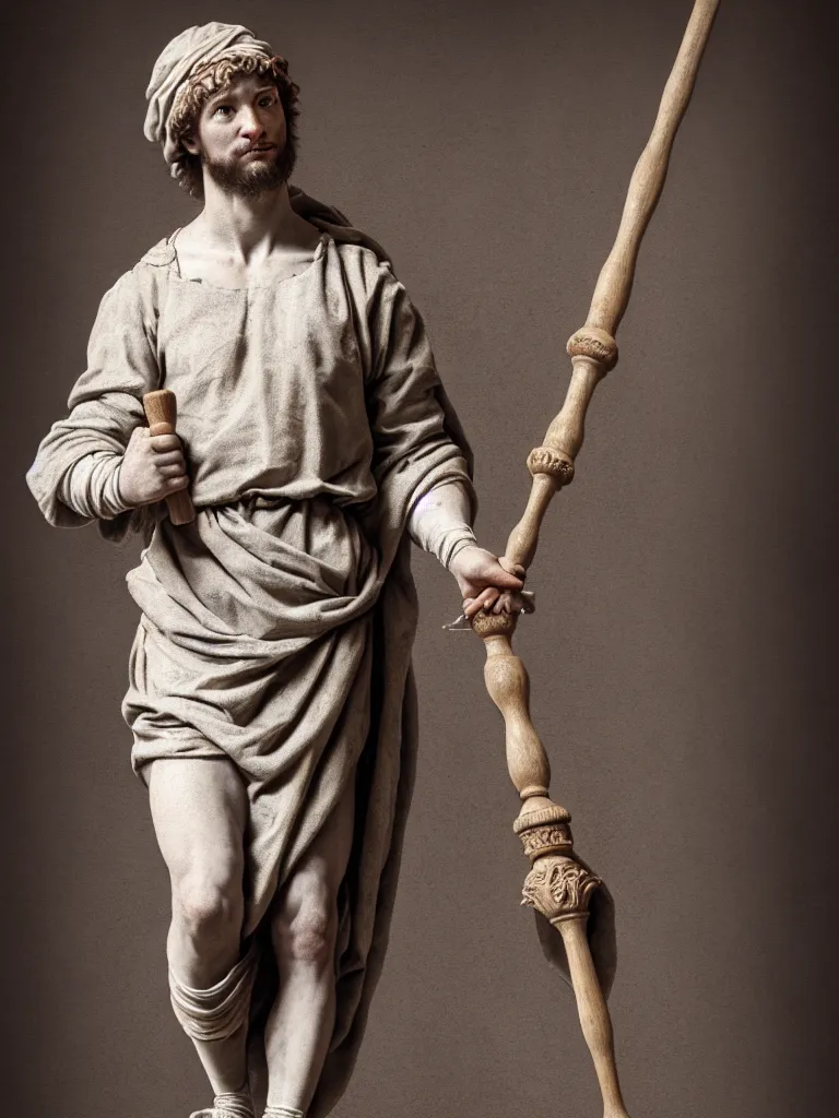 Image similar to a full body image of a young michelangelo wearing renaissance peasant clothing carving with mallet and chisel. photorealistic, hyperdetailed, studio lighting, octane render, caustics