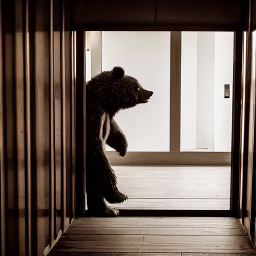 Image similar to dark photograph of a small bear mascot walking through a large wooden doorway