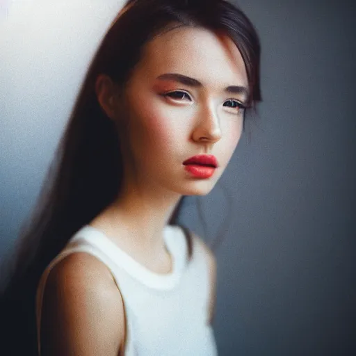 Image similar to professional studio portrait of a beautiful young woman, lens flare, glow filter, 5 0 mm f 1. 4 fuji 4 0 0 h