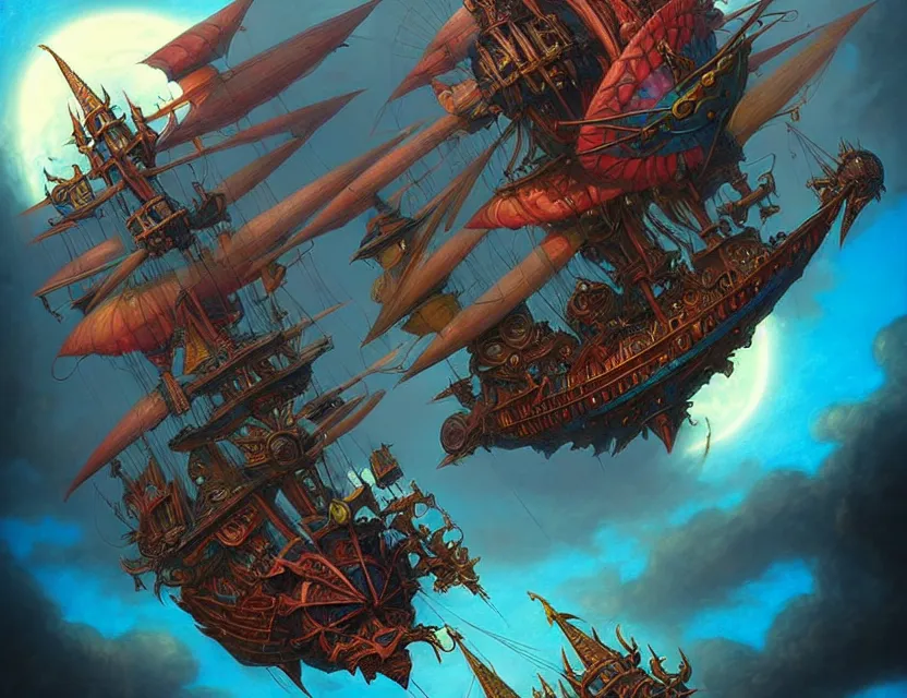 Image similar to the flying spelljammer galleon soars through the planes, amazing d & d planescape style art, trending on artstation, colorful, intricate, art by kev chan, fantasypunk, deep colors, cgsociety, by art germ, by gerald brom, by peter mohrbacher, by marc simonetti, by wlop, by guweiz