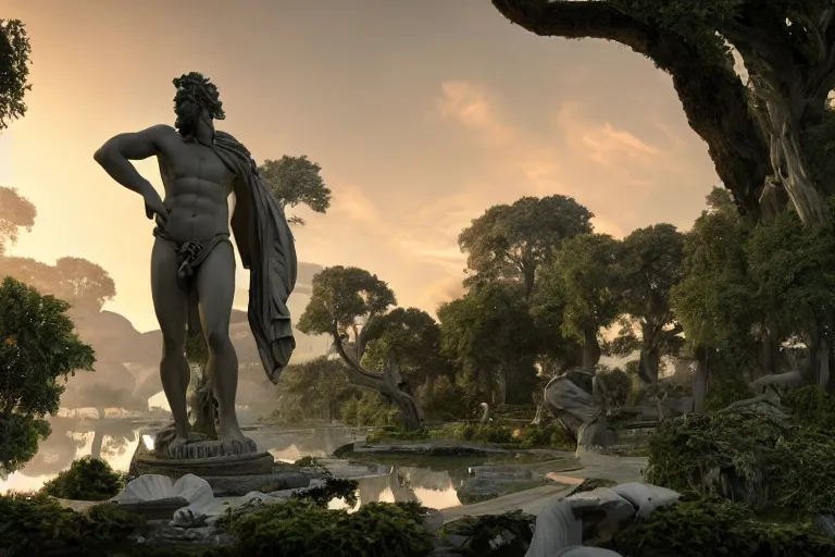 Prompt: greek god marble statue at the civilization gate,, floating islands connected with roots, avatar like landscape, high - tech space cult with trees and plants and alien flowers, dramatic lighting, epic, octane render, volumetric light, unreal engine, artbreeder, 8 k, background, scene, digital, artwork, high quality, 8 k