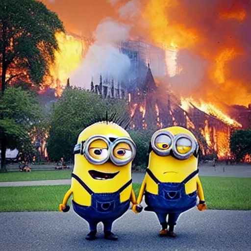 Image similar to “minions laughing as the Notre dame burns behind them”