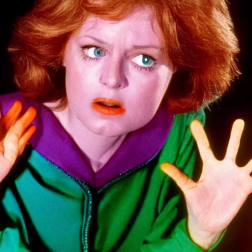Prompt: still from 1981 live-action children's tv show about a middle-aged woman who enters an eyeball cult color