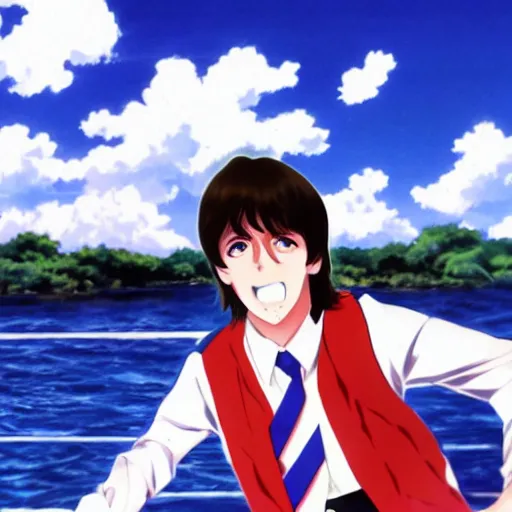 Image similar to anime illustration of young Paul McCartney from the Beatles, wearing a blue and white check shirt, on a yacht at sea, smiling at camera, white clouds, ufotable