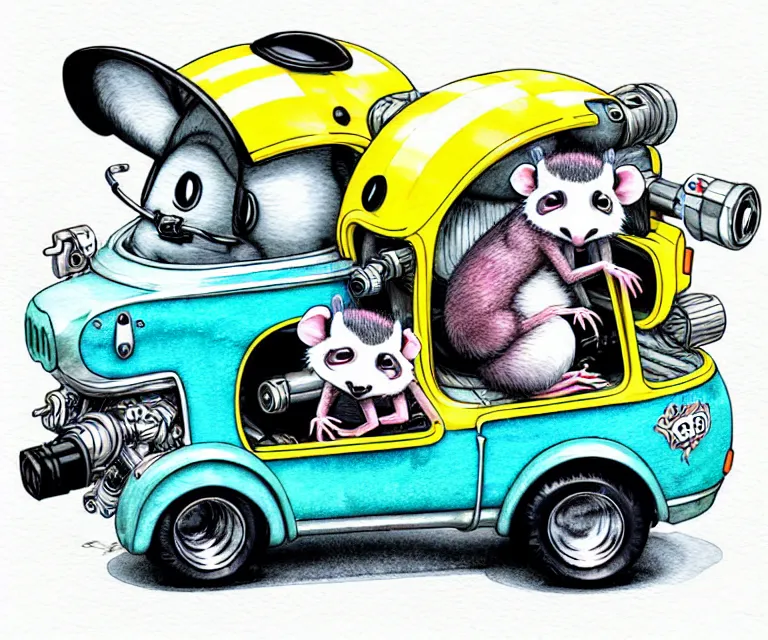 Image similar to cute and funny, opossum wearing a helmet riding in a tiny hot rod with oversized engine, ratfink style by ed roth, centered award winning watercolor pen illustration, isometric illustration by chihiro iwasaki, edited by range murata, tiny details by artgerm and watercolor girl, symmetrically isometrically centered, focused