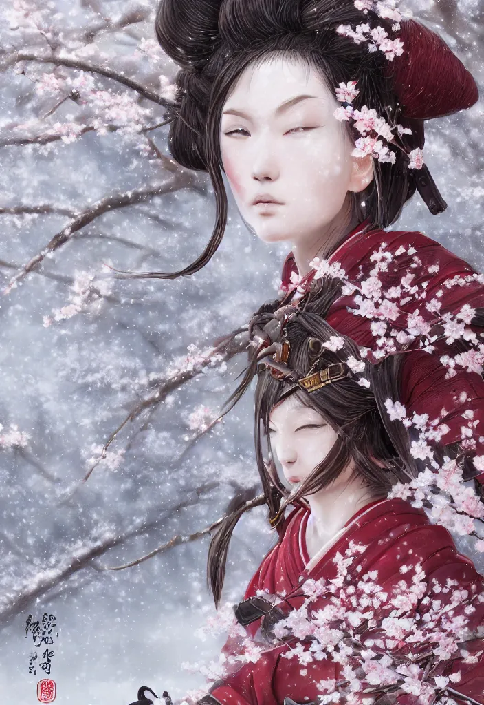 Image similar to detailed matte painting of girl samurai in hakama with swords and rifles, in snow forest sakura cherry blossom, taisho roman, by wlop and krenz kushart, elite, elegant, luxury, perfect face, fine details