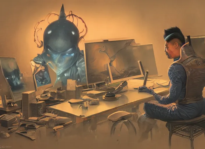 Image similar to an insanely detailed painting of an asian man wearing a homemade superhero costume, sitting at a desk, staring seriously at the computer and typing, in the style of peter mohrbacher, james jean, dramatic lighting and composition, surreal background, octane render, pixar, trending on artstation, concept art, comic book, view from behind, 8 k