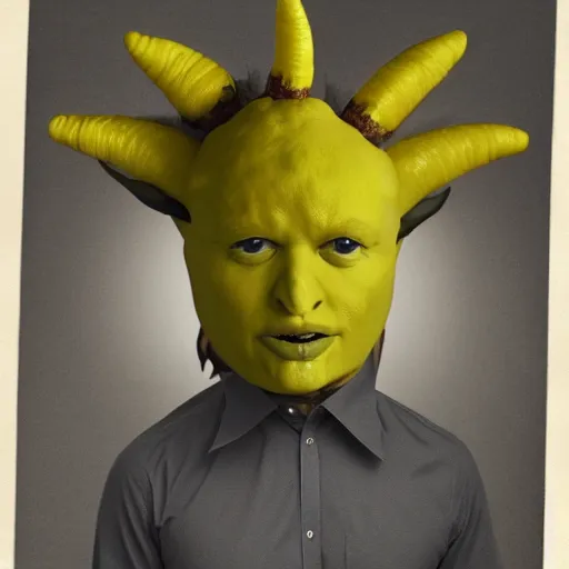 Prompt: antropomorphic lemon with devil horns sorts an archive, lemon person, person with lemon head, devil horns, archive, realistic photograph, dark