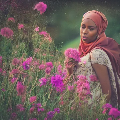 Image similar to somali friends, vintage, field of flowers, city bridge, beautiful, happy, dreamy, pastel, highly detailed, detailed faces, high focus, dreamy, pastel