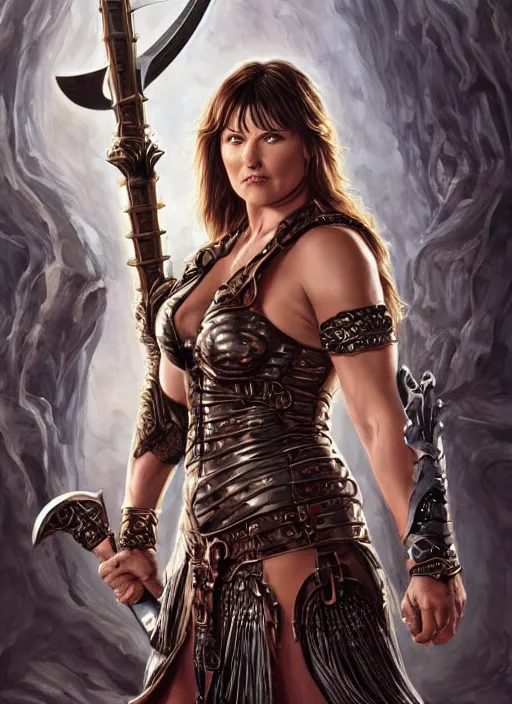 Image similar to Lucy Lawless as Xena as a ruggedly handsome hero holding an enormous large dual wielding sword, intricate, elegant, highly detailed, centered, digital painting, artstation, concept art, smooth, sharp focus, illustration, artgerm, donato giancola, Joseph Christian Leyendecker, WLOP, Boris Vallejo, Artgerm